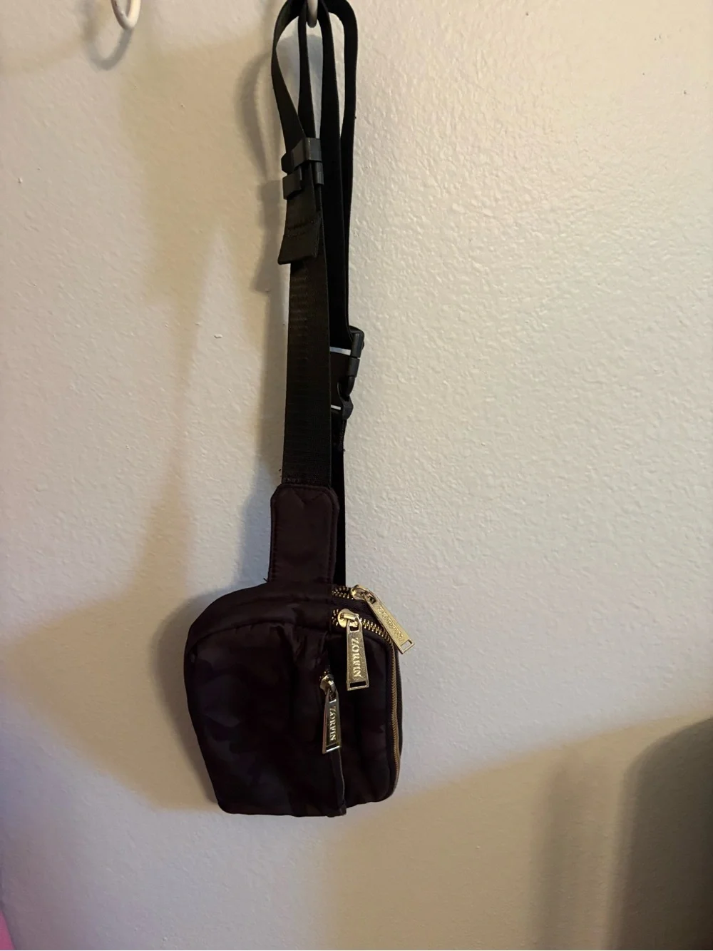 Black Camo Crossbody Sling Bag with Gold Hardware